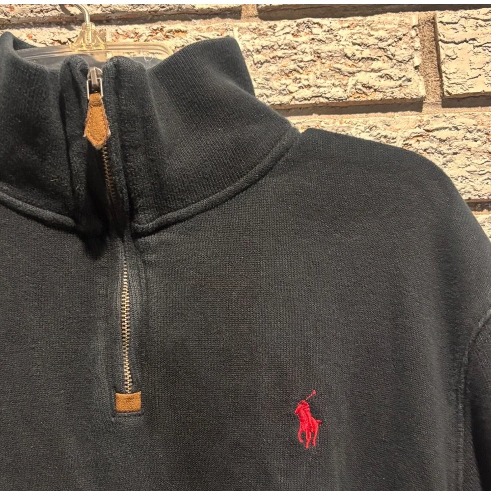 Polo Ralph Lauren Mens Quarter Zip Pullover Black Cotton Sweater Red Pony Size M